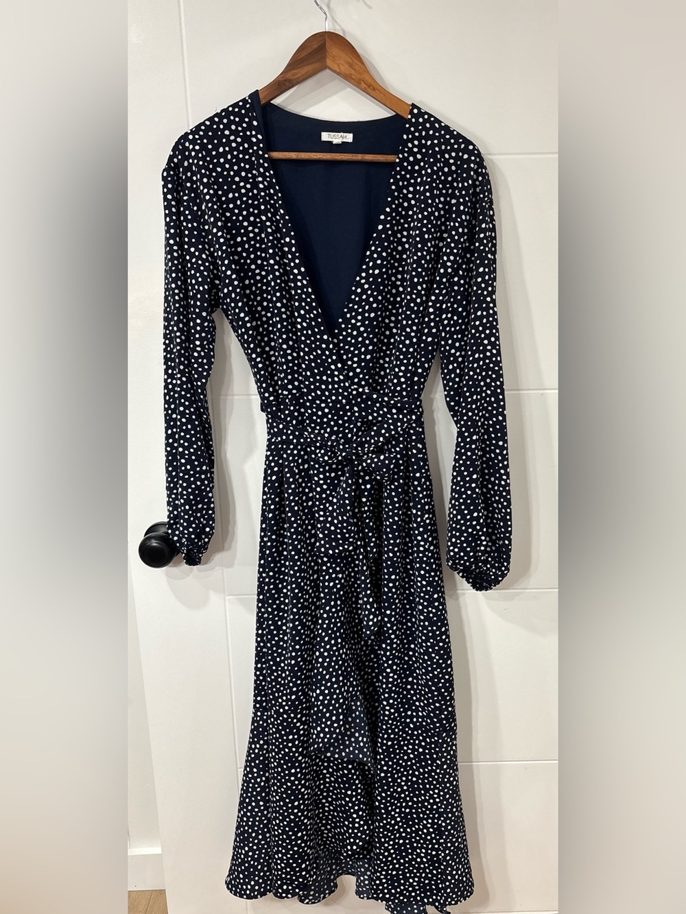 Navy Polka Dot Wrap Midi Dress